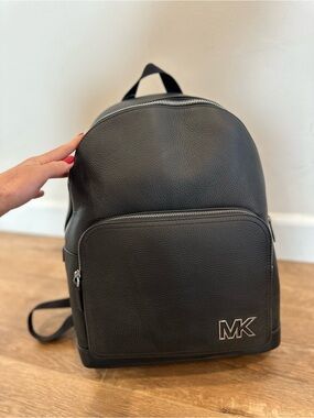 Michael Kors Black Pebbled Leather MK Logo Backpack